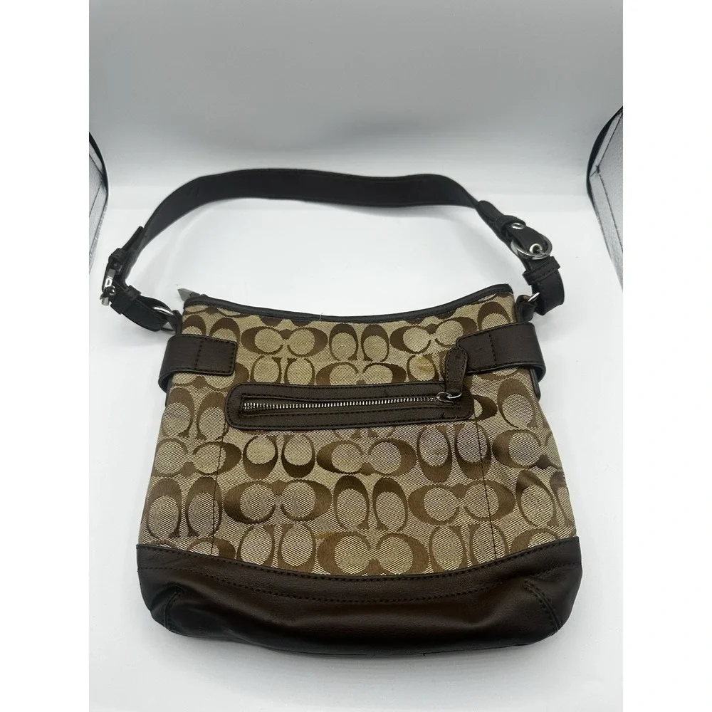 Coach Signature Soho Hobo Shoulder Bag Brown Khaki Canvas Leather Buckle Trim 14